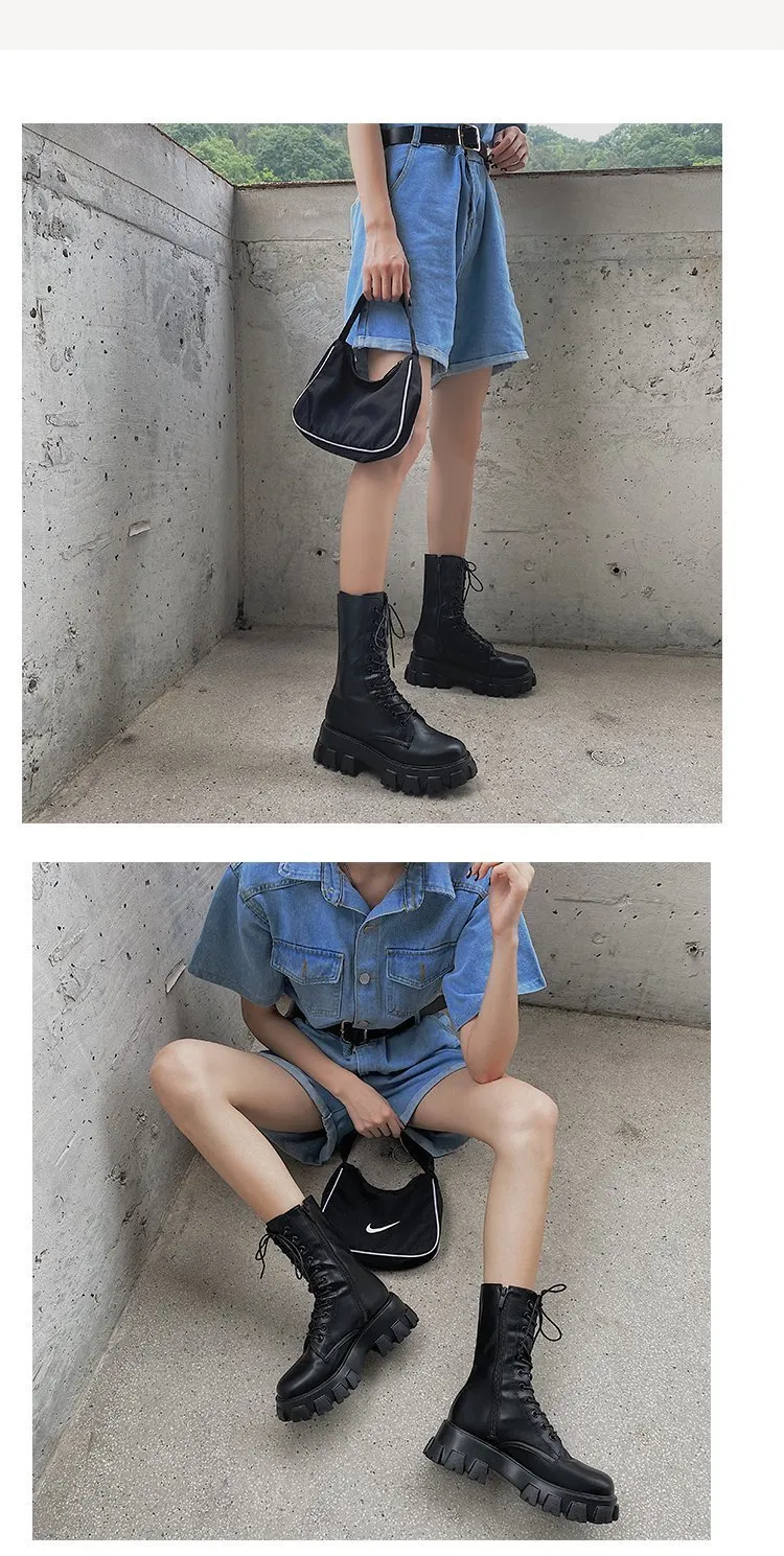 Purpdrank - Women Motorcycle Boots Wedges Flat Shoes Woman High Heel Platform PU Leather Boots Lace Up Women Shoes Black Boots Girls Flat Shoes Shein