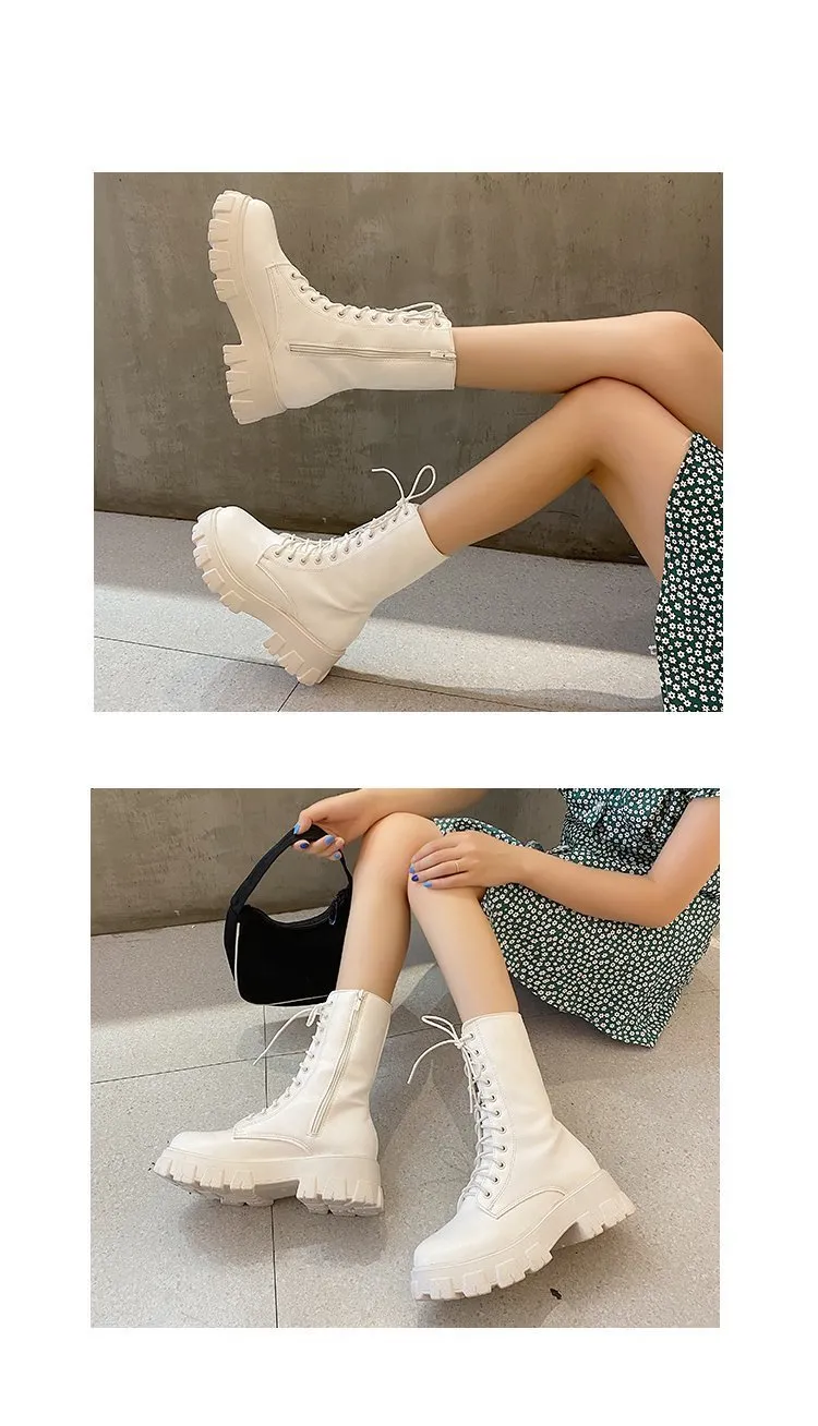 Purpdrank - Women Motorcycle Boots Wedges Flat Shoes Woman High Heel Platform PU Leather Boots Lace Up Women Shoes Black Boots Girls Bebe Shoes Flats