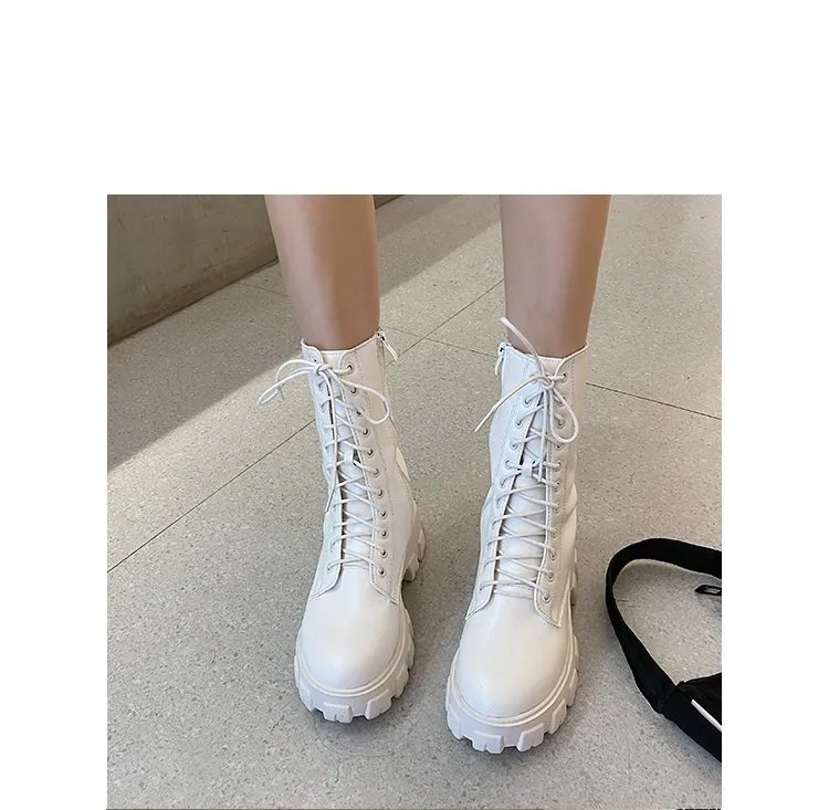 Purpdrank - Women Motorcycle Boots Wedges Flat Shoes Woman High Heel Platform PU Leather Boots Lace Up Women Shoes Black Boots Girls Flat Shoes Ladies