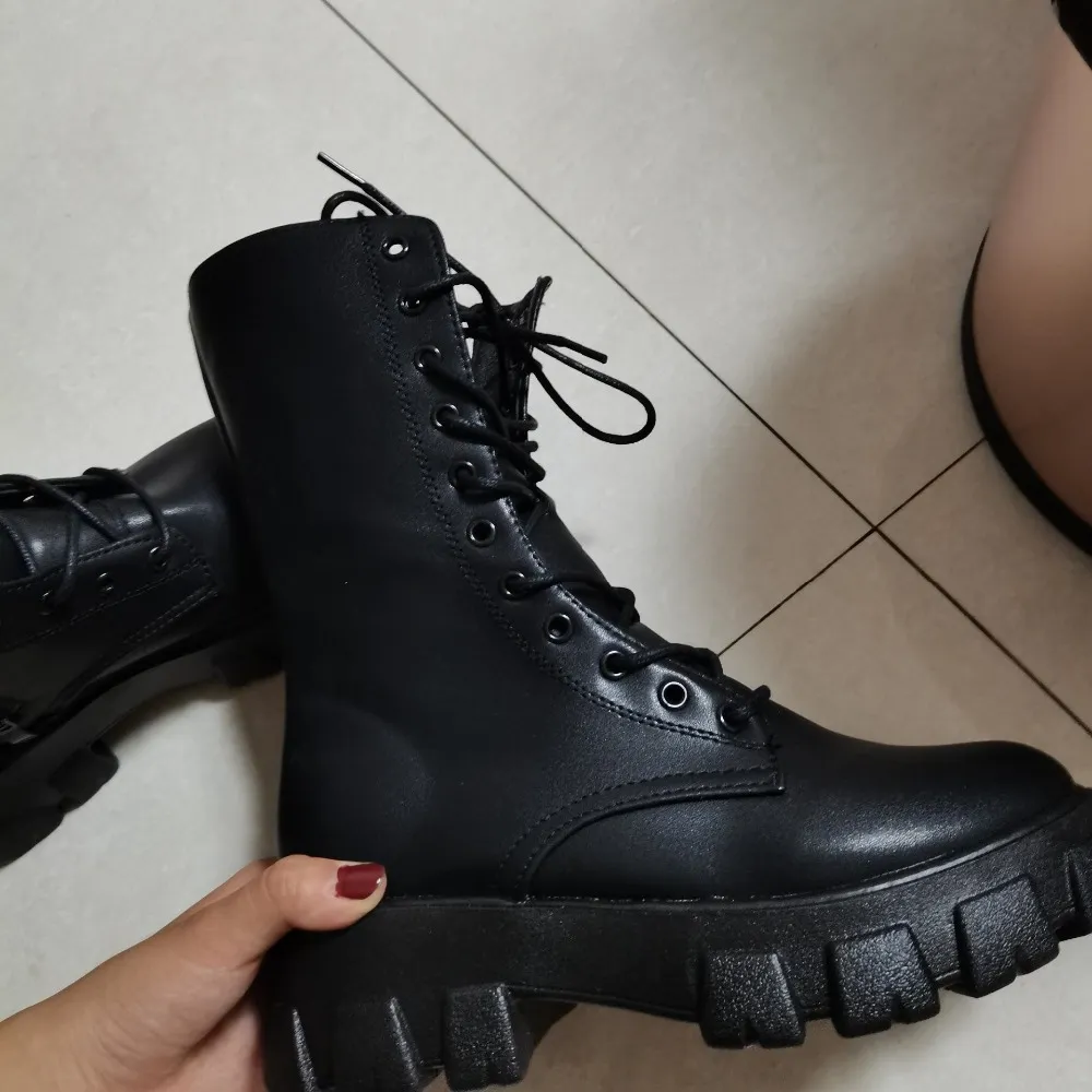 Purpdrank - Women Motorcycle Boots Wedges Flat Shoes Woman High Heel Platform PU Leather Boots Lace Up Women Shoes Black Boots Girls Bride Flat Shoes