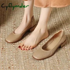 Cyflymder New Fashion Hollow Out Women Pumps Square Toe Summer Shoes Chunky Heels Genuine Leather Shoes for Women Handmade Loafers Suede Dress Loafers