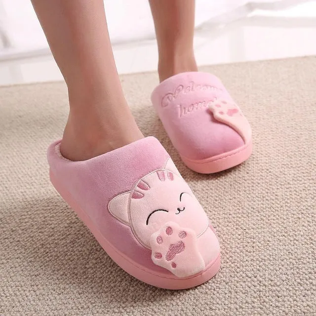 Mukluk Slippers Women Winter Home Slippers Cartoon Cat Home Shoes Non-slip Soft Winter Warm Slippers Indoor Bedroom Loves Couple Floor Shoes