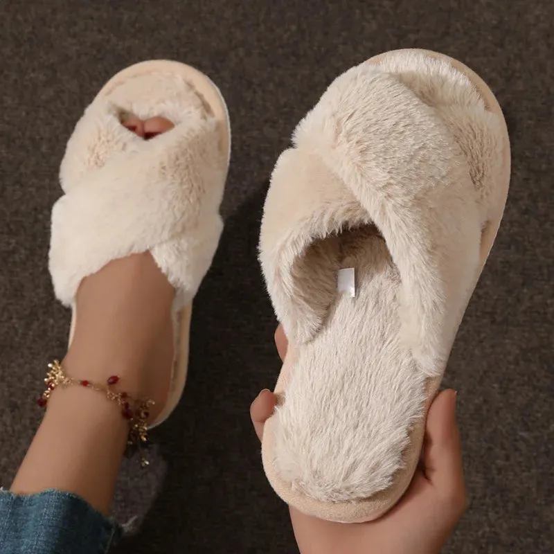 Fashion Cross Strap Fur Slippers Women Indoor Light Warm Plush Home Slippers Woman Faux Fur Flat Heel Couple Slides Plus Size 43 Eeyore Slippers