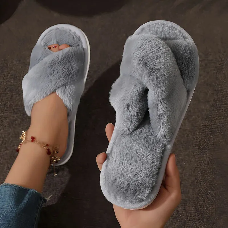 Yarn Slippers Fashion Cross Strap Fur Slippers Women Indoor Light Warm Plush Home Slippers Woman Faux Fur Flat Heel Couple Slides Plus Size 43