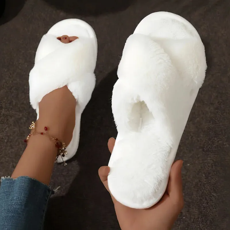 Whale Slippers Fashion Cross Strap Fur Slippers Women Indoor Light Warm Plush Home Slippers Woman Faux Fur Flat Heel Couple Slides Plus Size 43