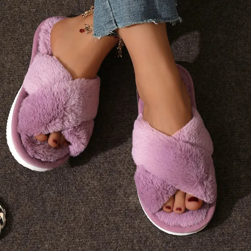 Crocheted Slippers For Adults Fashion Cross Strap Fur Slippers Women Indoor Light Warm Plush Home Slippers Woman Faux Fur Flat Heel Couple Slides Plus Size 43