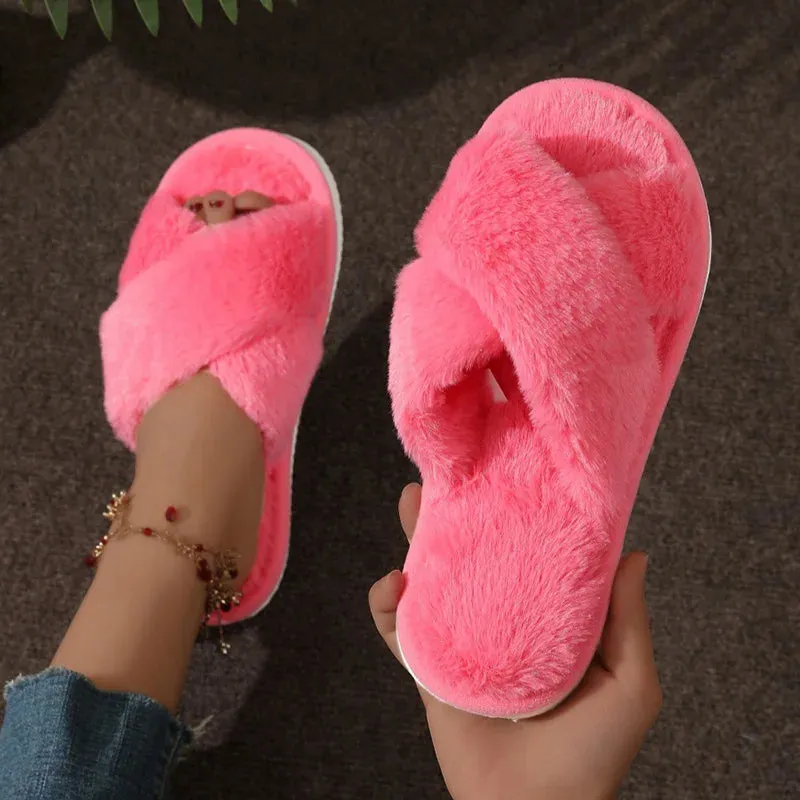 Mini Slippers Fashion Cross Strap Fur Slippers Women Indoor Light Warm Plush Home Slippers Woman Faux Fur Flat Heel Couple Slides Plus Size 43