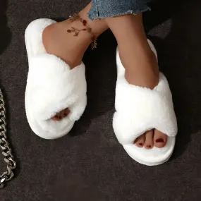 Fashion Cross Strap Fur Slippers Women Indoor Light Warm Plush Home Slippers Woman Faux Fur Flat Heel Couple Slides Plus Size 43 Essie's Slippers