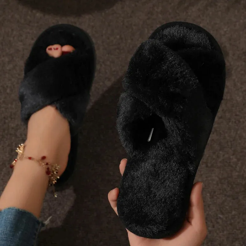 Vera Slippers Fashion Cross Strap Fur Slippers Women Indoor Light Warm Plush Home Slippers Woman Faux Fur Flat Heel Couple Slides Plus Size 43