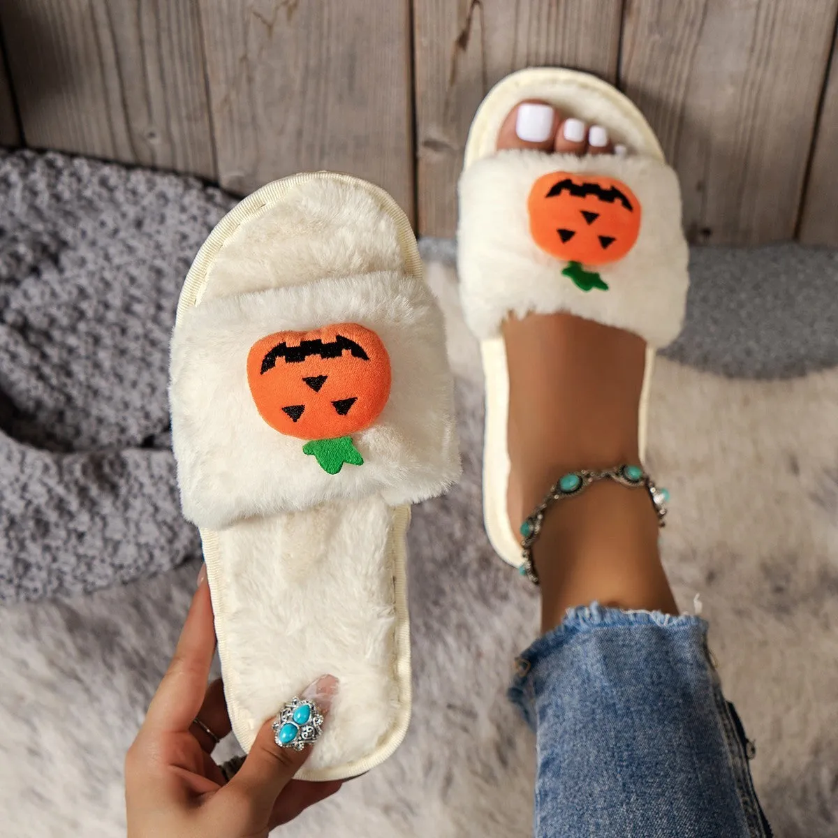 Halloween Cute Pumpkin Plush Slippers Home Indoor Open Toe Shoes Winter Warm Bedroom Slippers For Women Reefs Slippers