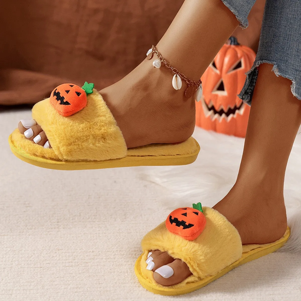 Halloween Cute Pumpkin Plush Slippers Home Indoor Open Toe Shoes Winter Warm Bedroom Slippers For Women Charentaise Slippers