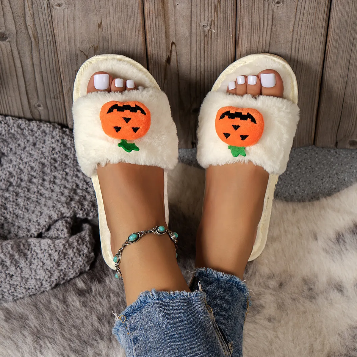 Vionic Slippers Near Me Halloween Cute Pumpkin Plush Slippers Home Indoor Open Toe Shoes Winter Warm Bedroom Slippers For Women