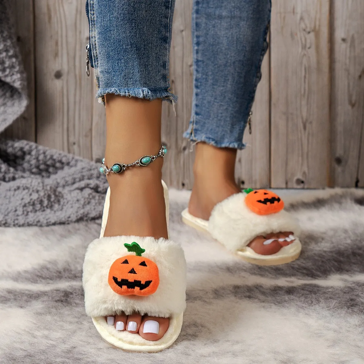 Halloween Cute Pumpkin Plush Slippers Home Indoor Open Toe Shoes Winter Warm Bedroom Slippers For Women Italian Velvet Slippers