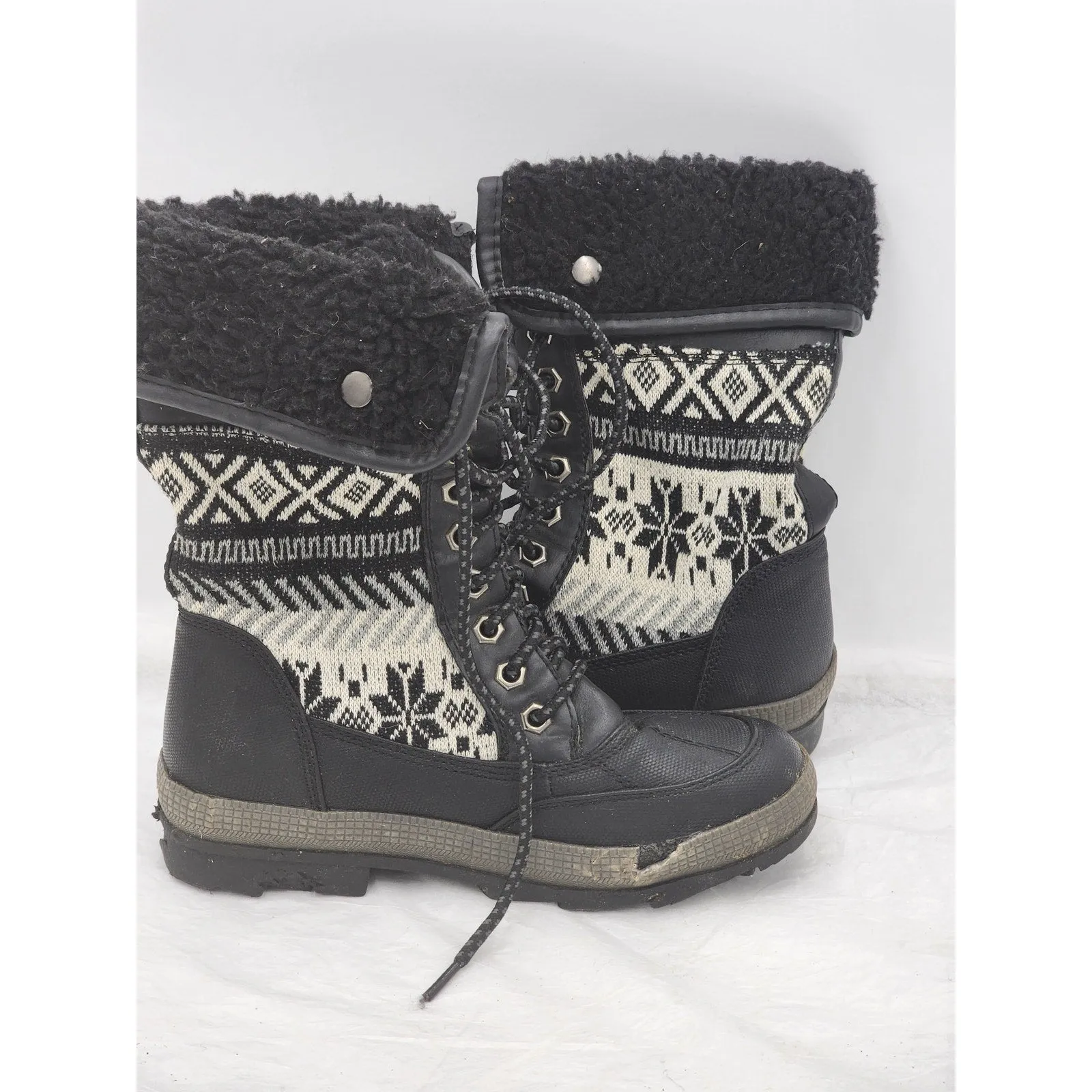Rue 21 Boots Women 6/7 Knit Fair Isle Style Snow Boots Fold Over Faux Fur Lining Eddie Bauer Snow Boots