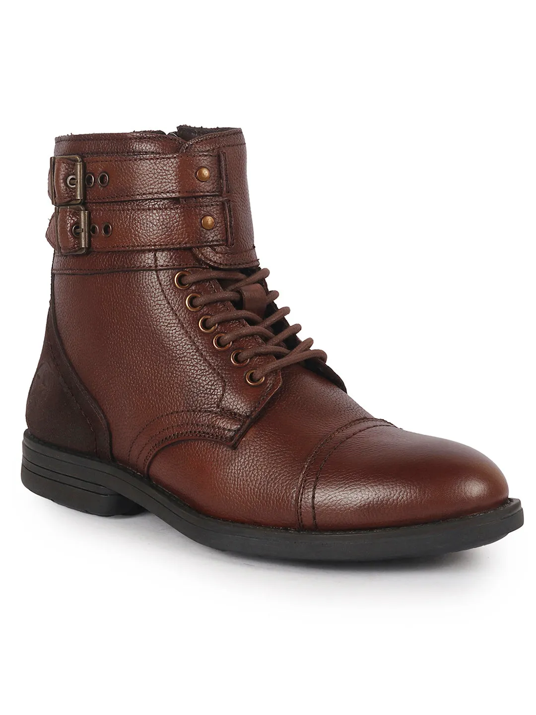 Distressed Work Boots Men Tan 6-Eye Lace Up Genuine Leather High Ankle Adjustable Buckle Strap Winter Boots|Trekking Boots|Hiking Boots