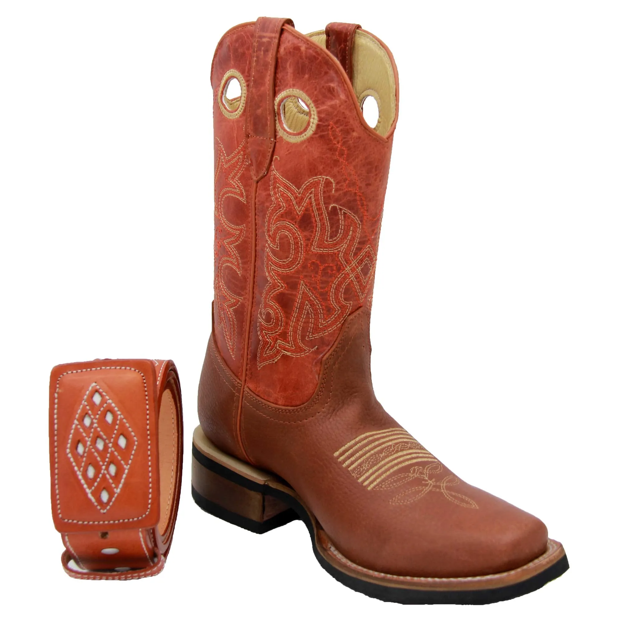 Mens Genuine Leather Cowboy Square Toe Rodeo Boots with Free Belt Good Inexpensive Work Boots