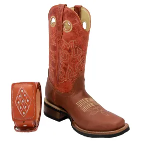 Mens Genuine Leather Cowboy Square Toe Rodeo Boots with Free Belt 9e Wide Work Boots