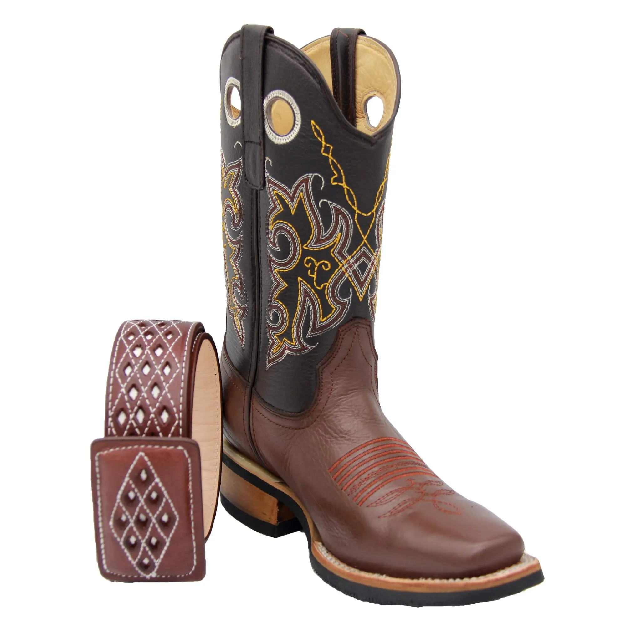 Mens Genuine Leather Cowboy Square Toe Rodeo Boots with Free Belt Best Work Boots For Standing All Day On Concrete