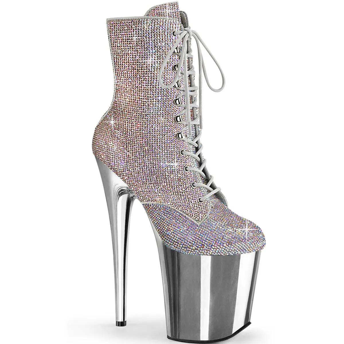 8 Inch Heel FLAMINGO-1020CHRS Silver Multi Rhinestone Work Boots And Shoes