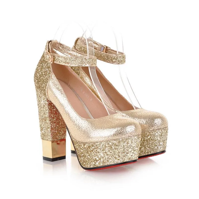 Thong High Heels Sequined Super-high-heeled Chunky Pumps Platform Shallow-mouth One-word Buckle Shoe Woman Shoes Woman