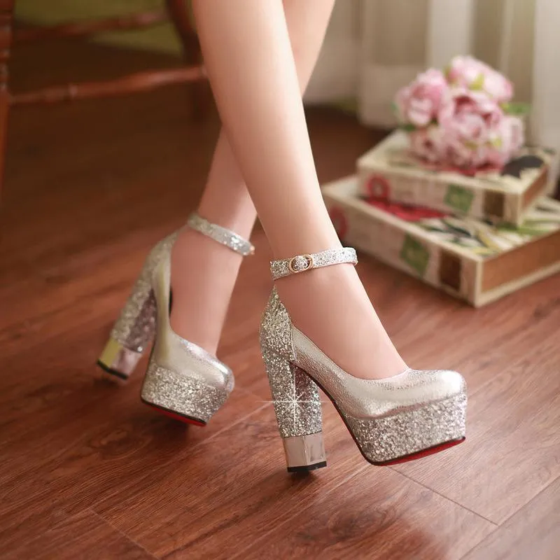 Sequined Super-high-heeled Chunky Pumps Platform Shallow-mouth One-word Buckle Shoe Woman Shoes Woman High Heel Thigh Length Boots