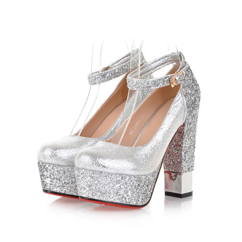High Sneakers Sequined Super-high-heeled Chunky Pumps Platform Shallow-mouth One-word Buckle Shoe Woman Shoes Woman