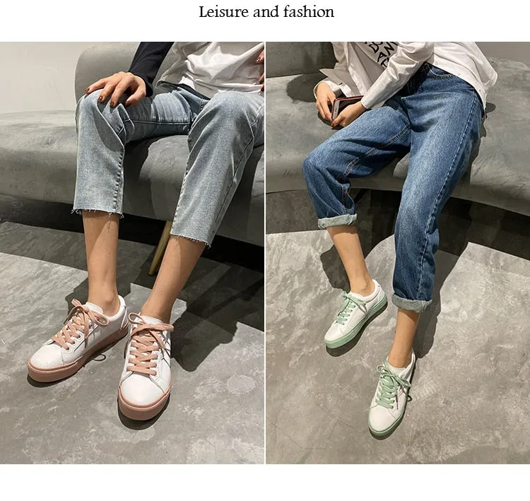 Flat-pedal Bike Shoe Shoes Woman 2021 Spring New Flat Leather Sneakers Female Solid Color Student Platform Shoes Casual Low-top Flats Women Shoes