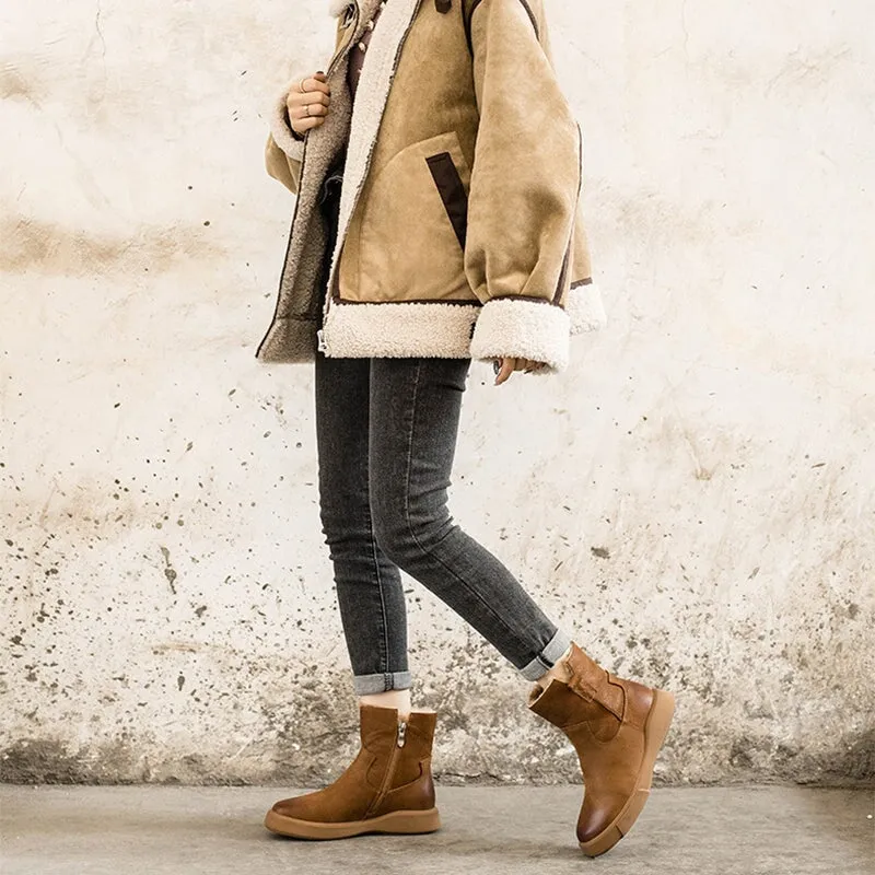 Side Zipper Chelsea Boots WaxingLeather Short Boots for Winter Black Fleece Lined/Coffee Fleece Lined Side Zip Snow Boots