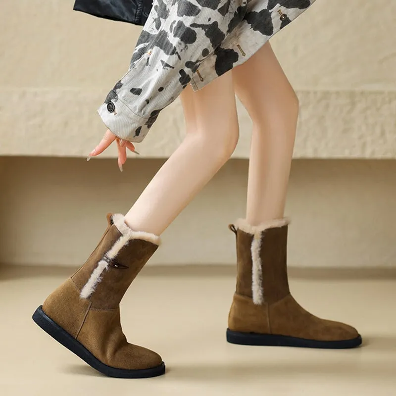 Elements Snow Boots Women's Snow Boots for Cold Winter Retro Leather Mid Calf Boots in Brown/Khaki/Coffee