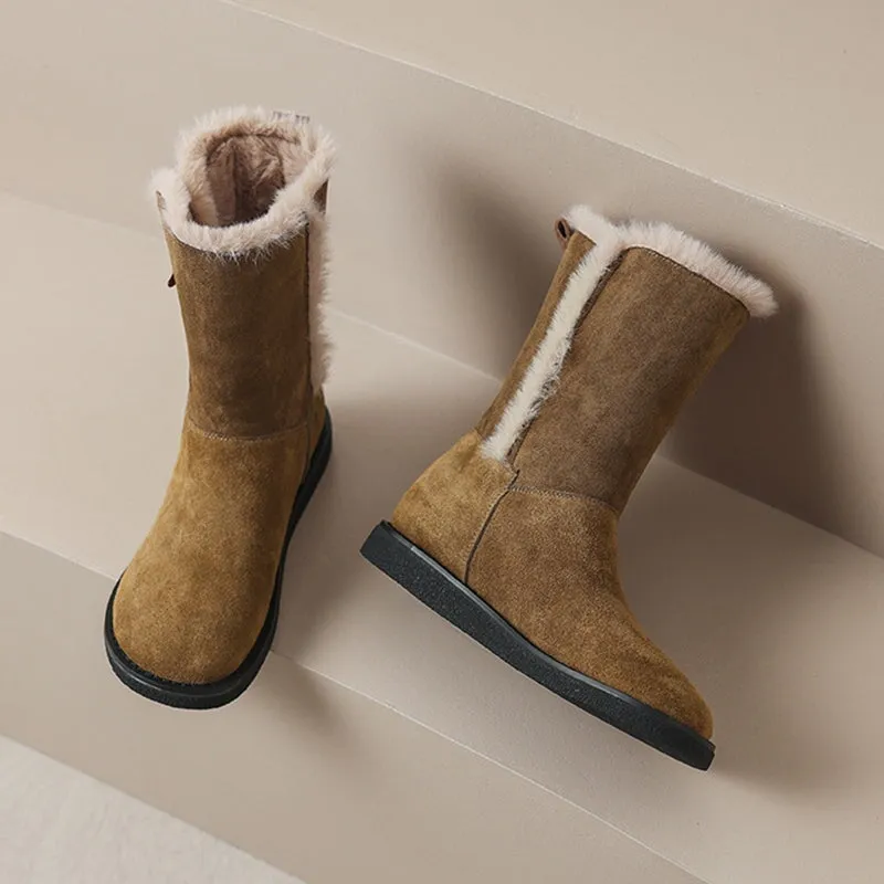 Snow Boots 12c Women's Snow Boots for Cold Winter Retro Leather Mid Calf Boots in Brown/Khaki/Coffee