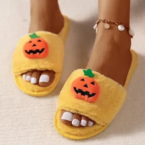 Halloween Cute Pumpkin Plush Slippers Home Indoor Open Toe Shoes Winter Warm Bedroom Slippers For Women Football Slides