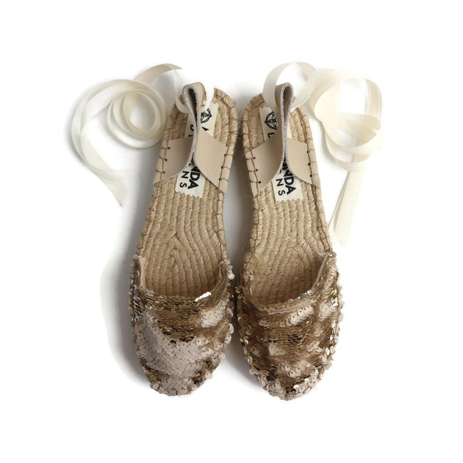 Sequin Espadrilles - Champagne - Double Sole Flat Shoes With A Strap Across The Ankle