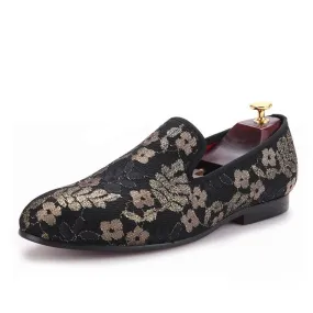 Loafers Drawing OneDrop Handmade Sequined Cloth Printing Men Dress Shoes Flower Party Wedding Prom Loafers