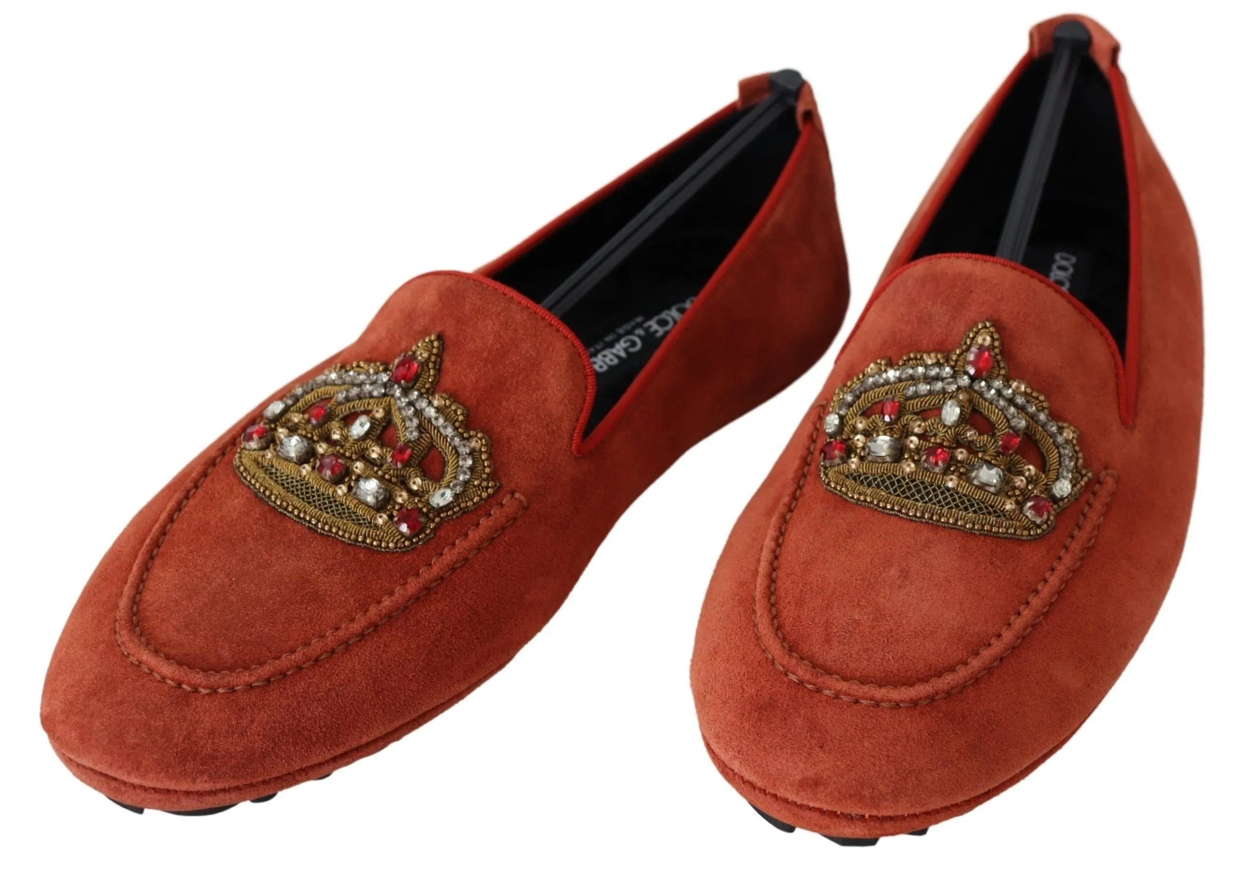 Loafers Rubber Horsebit Dolce & Gabbana Opulent Orange Leather Loafers with Gold Embroidery