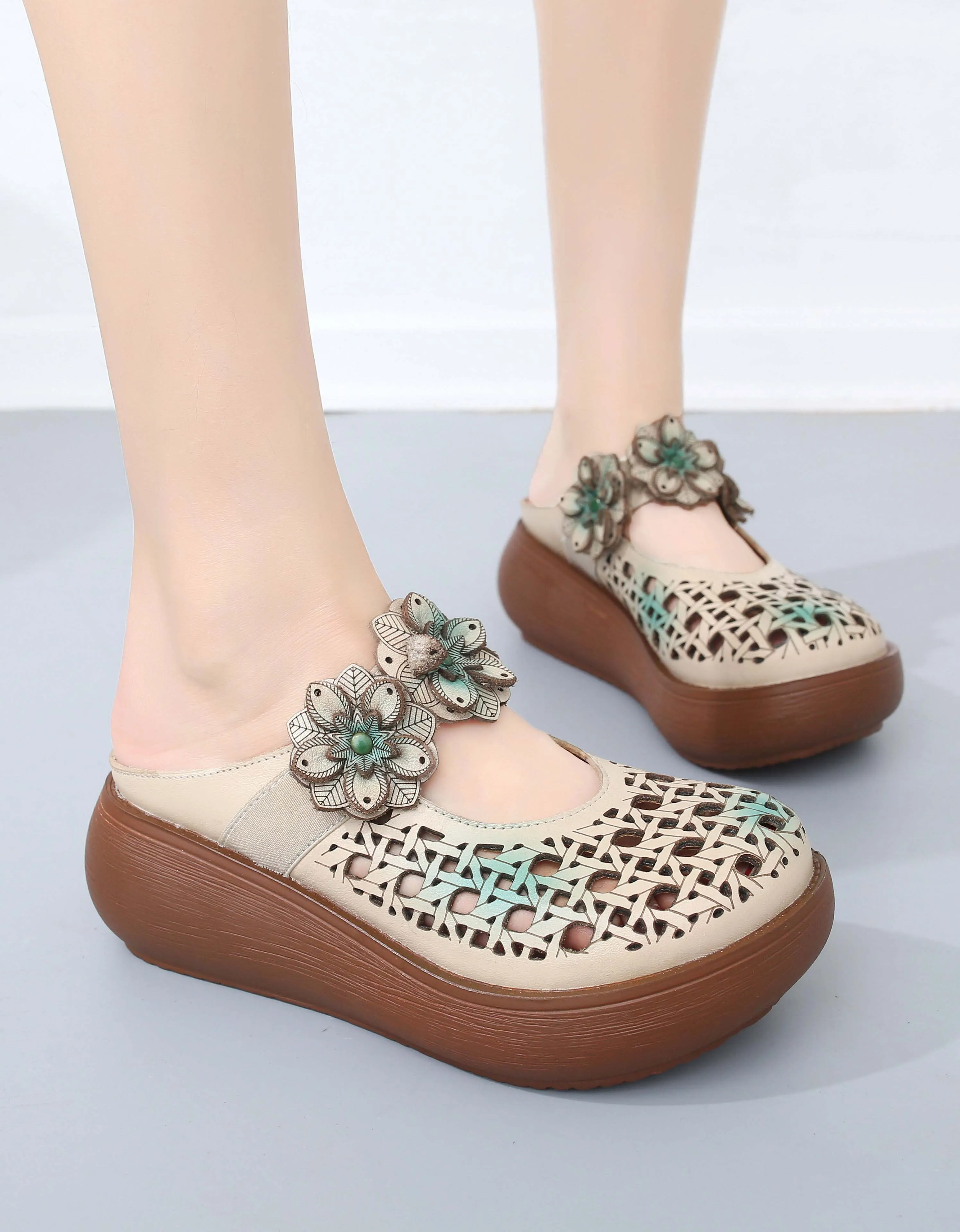 Summer Flowers Strap Hollow Wedge Slippers Platforms Slippers