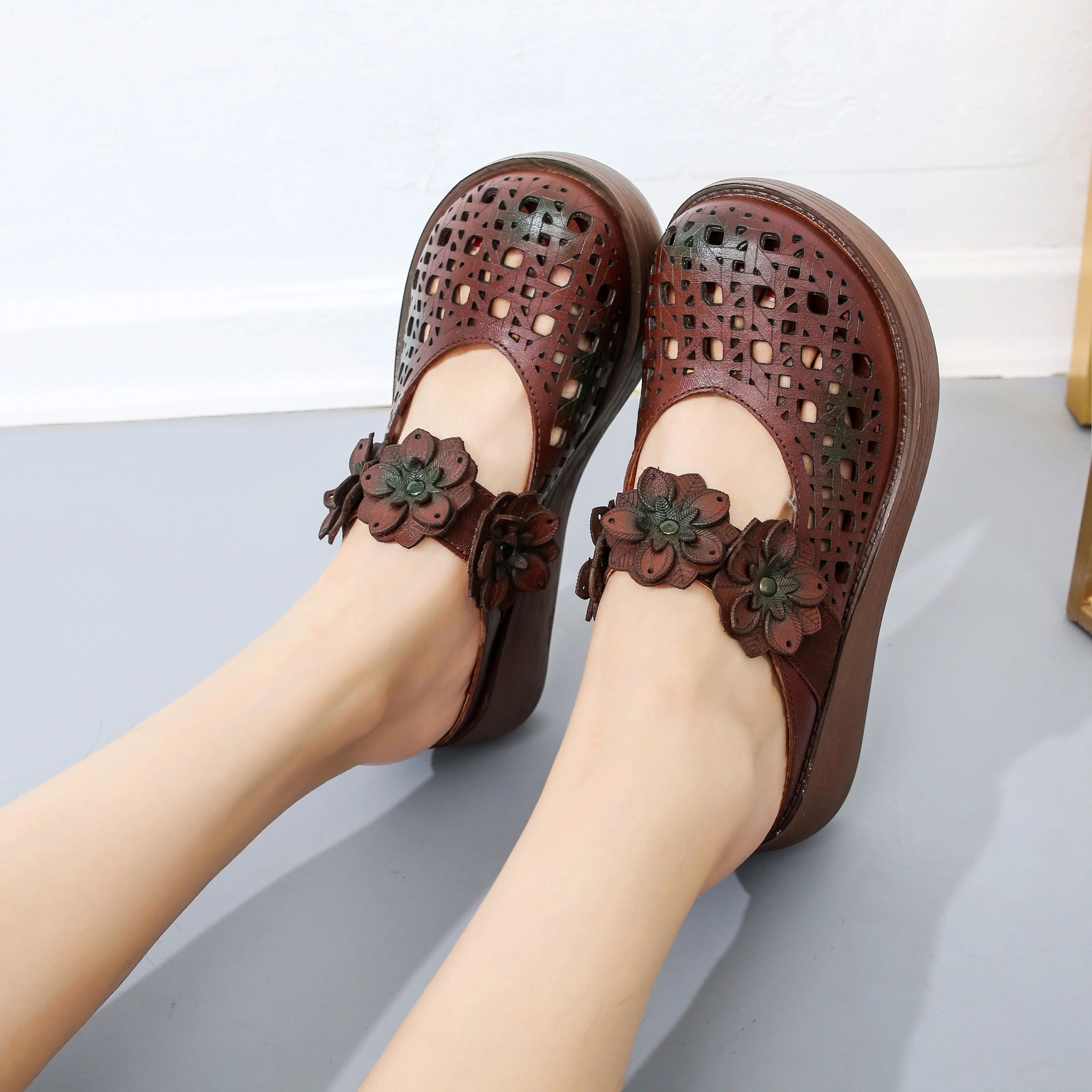 Summer Flowers Strap Hollow Wedge Slippers Slippers Bridal