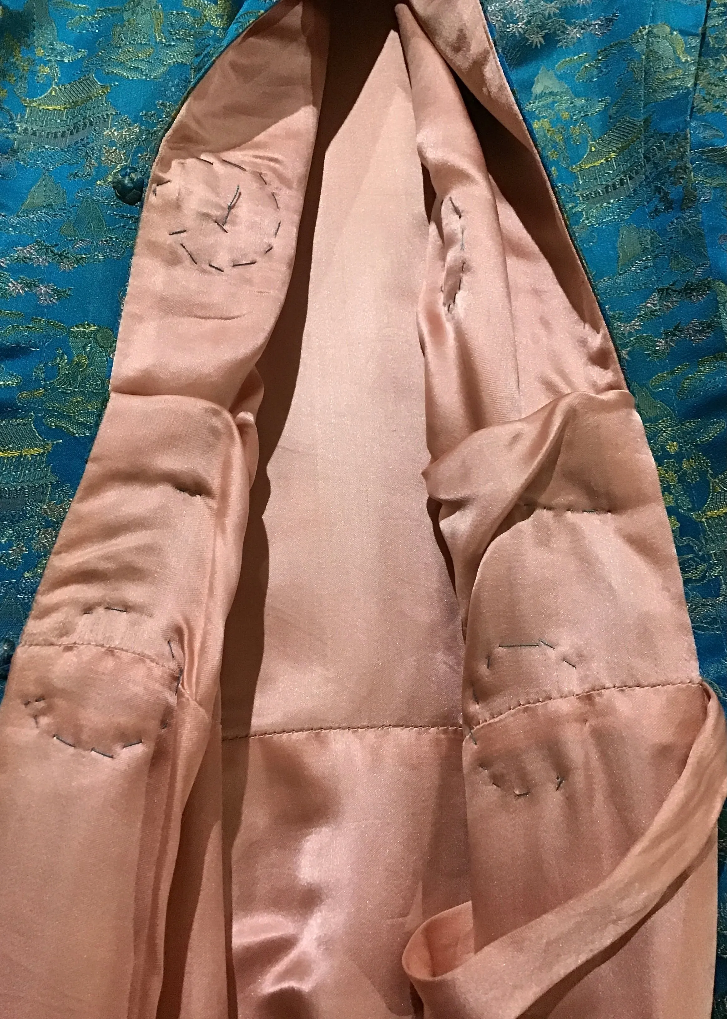 Stunning Vintage 40s Turquoise Brocade Housecoat with Slippers Acg Slippers