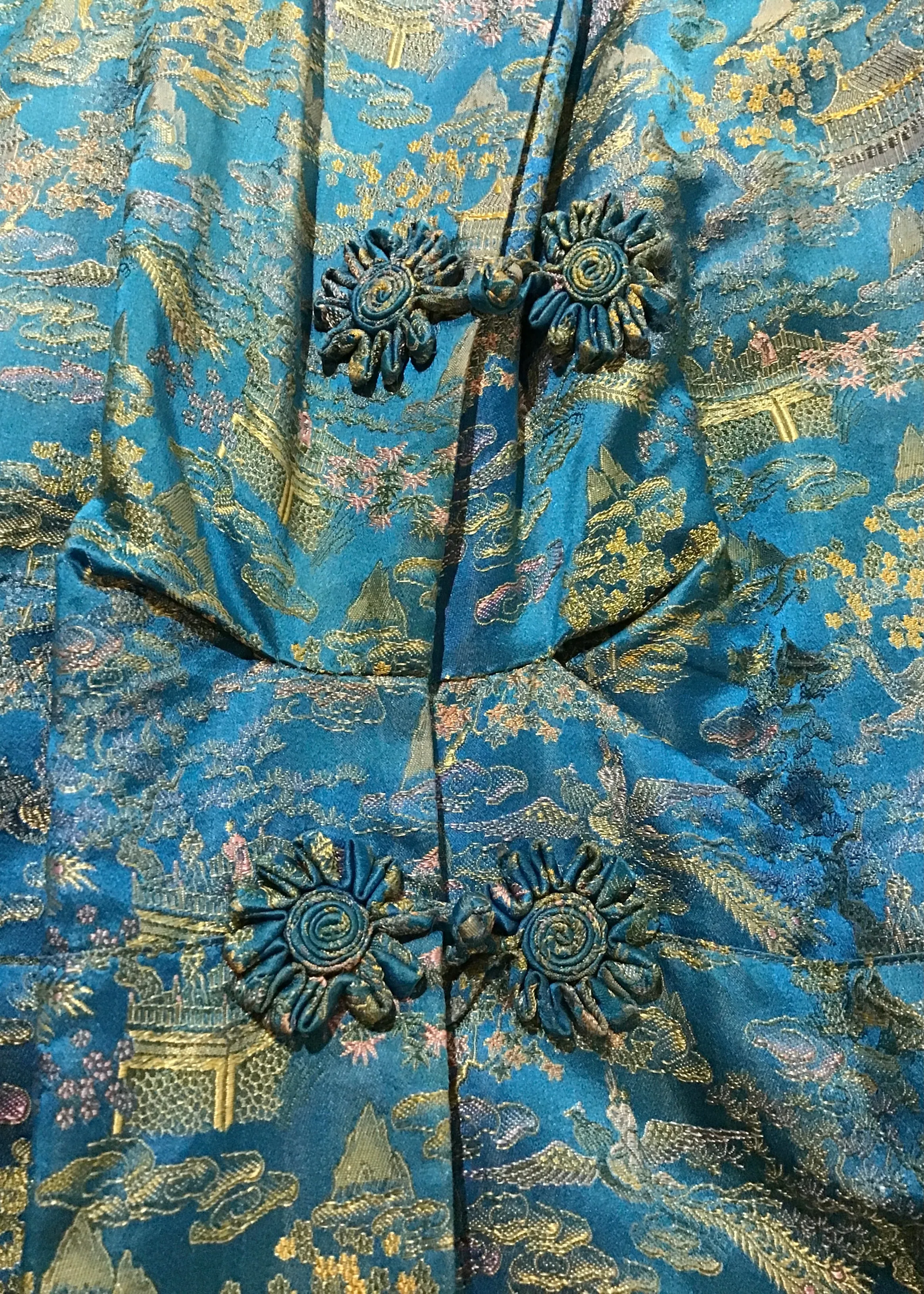 Ducky Slippers Stunning Vintage 40s Turquoise Brocade Housecoat with Slippers