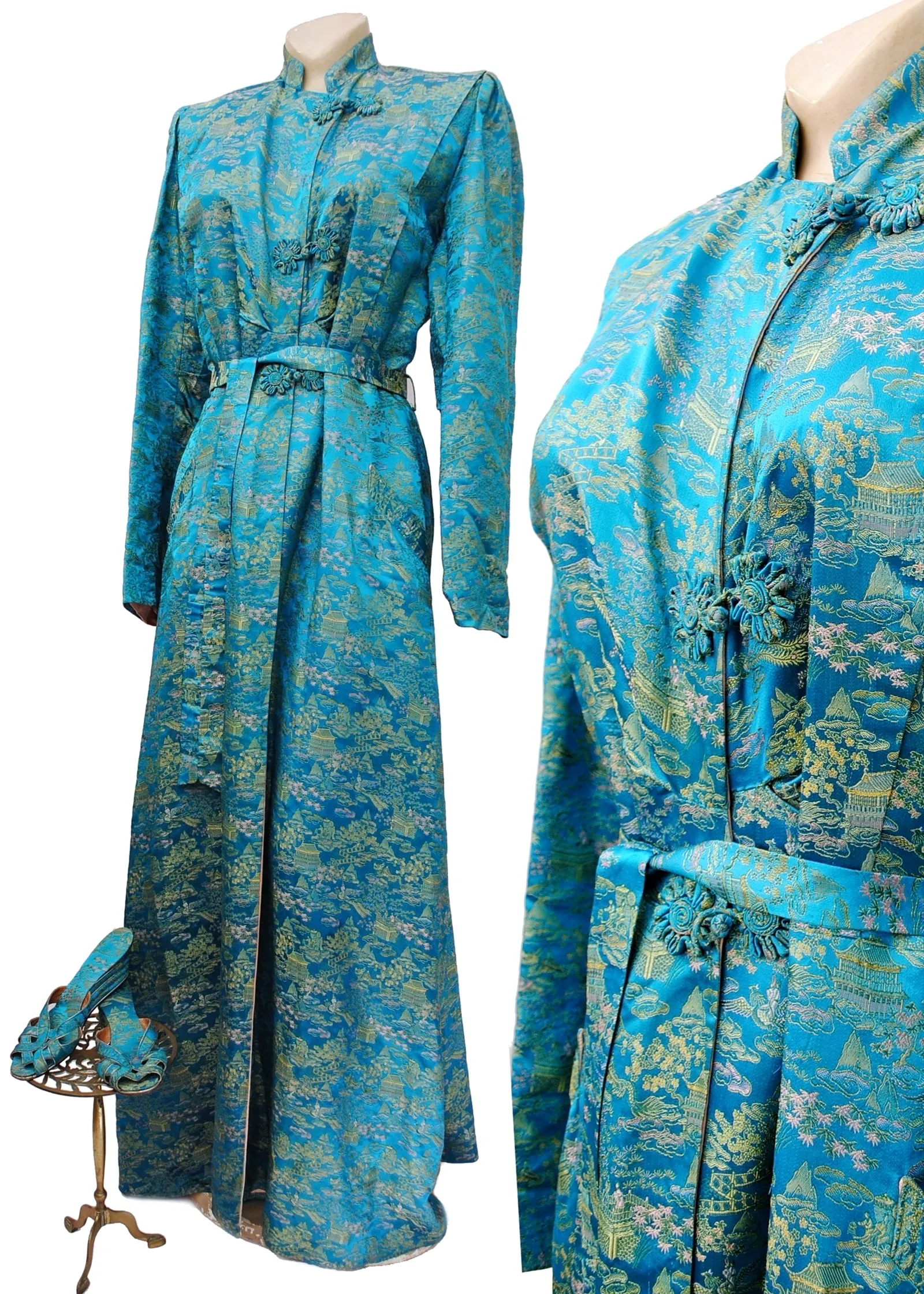 Stunning Vintage 40s Turquoise Brocade Housecoat with Slippers Detachable Sole Slippers