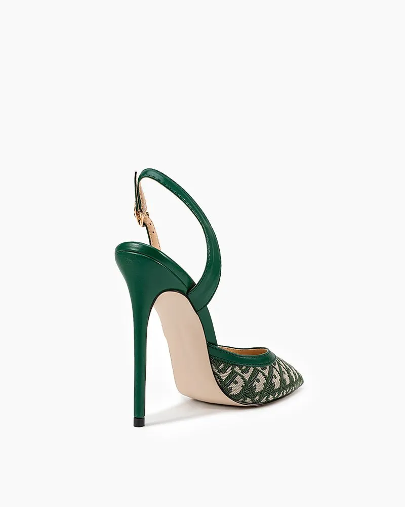 Green Print Pointed Toe Slingback High Heel Pumps High Heel Stretcher