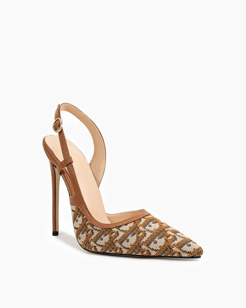 High Heels Porn Tube Green Print Pointed Toe Slingback High Heel Pumps