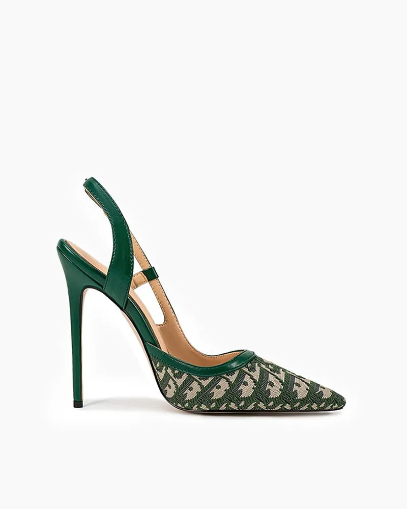 High Heels Worship Porn Green Print Pointed Toe Slingback High Heel Pumps