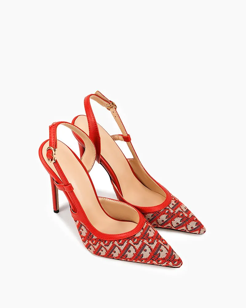 Green Print Pointed Toe Slingback High Heel Pumps Revolver High Heels