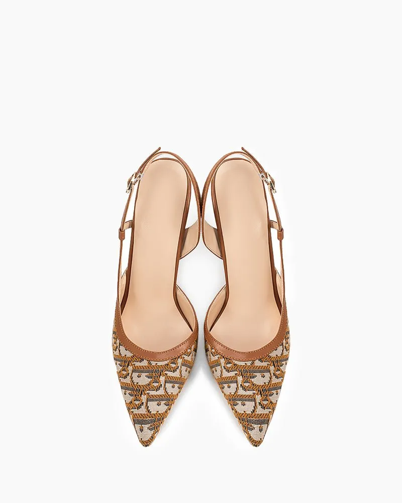 Green Print Pointed Toe Slingback High Heel Pumps Oxford High Heels