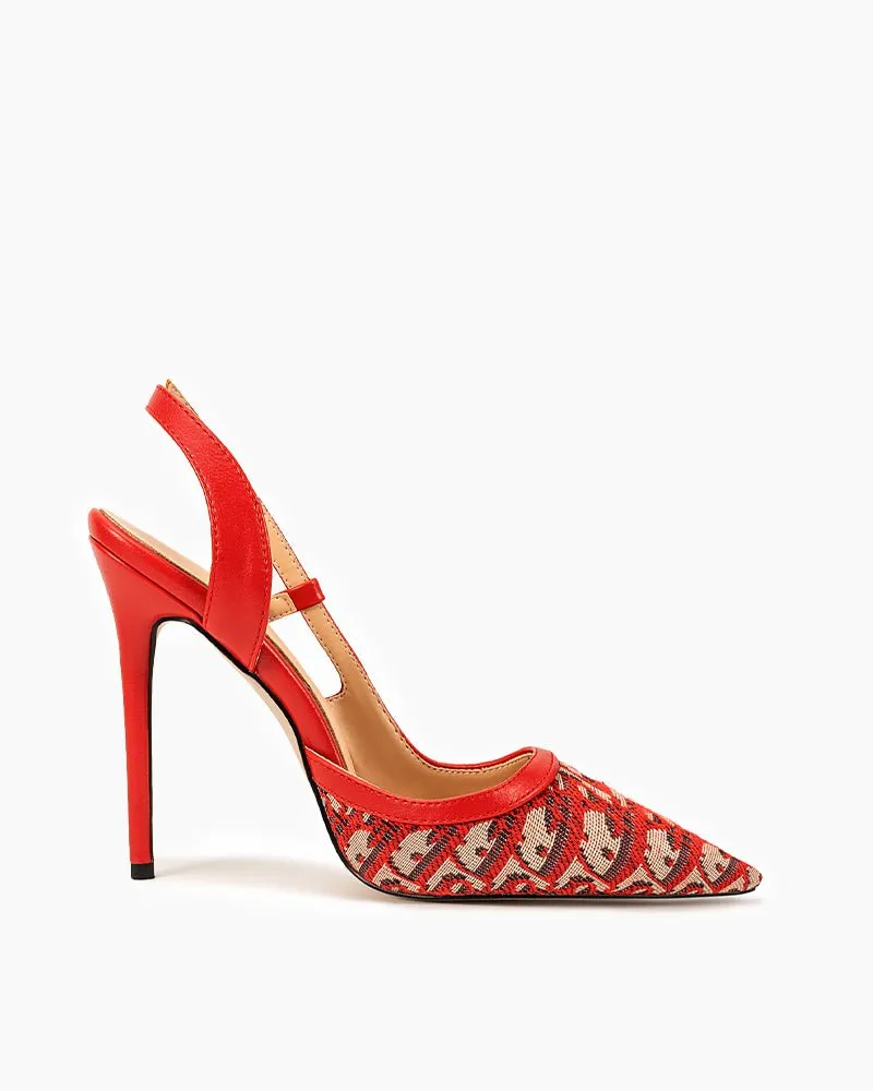 Stiletto Thigh High Heels Green Print Pointed Toe Slingback High Heel Pumps