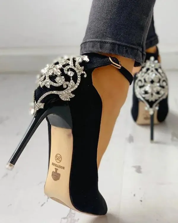 Gem-Studded Pointed Toe Ankle Strap Heels Asics 10k Shoes