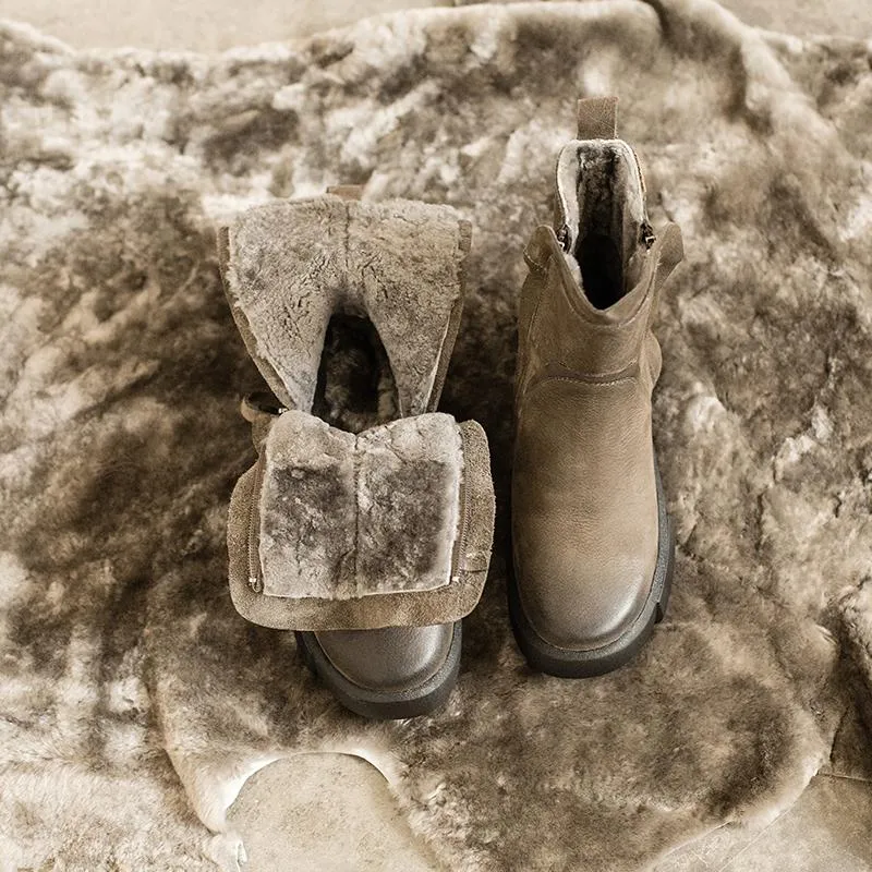 Leather Short Snow Boots WaxingLeather Chelsea Boots Handmade British Boots Double Zip Fleece Lined Snow Boots
