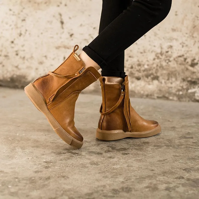 WaxingLeather Chelsea Boots Handmade British Boots Double Zip Fleece Lined Snow Boots Goth Snow Boots