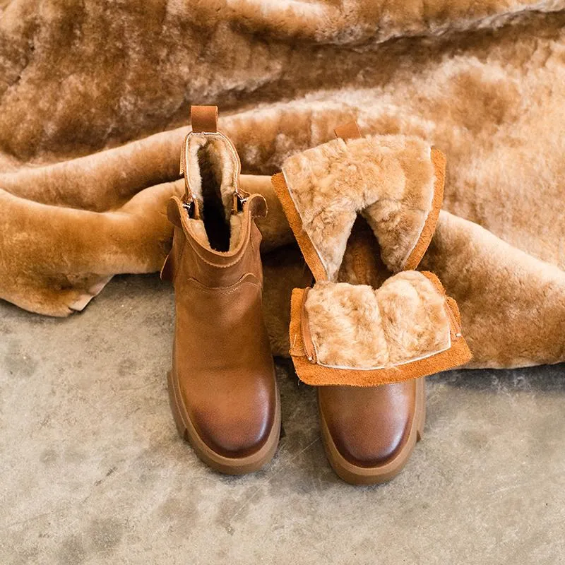 WaxingLeather Chelsea Boots Handmade British Boots Double Zip Fleece Lined Snow Boots Big Fluffy Snow Boots