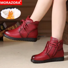 MORAZORA 2020 hot sale soft leather Motorcycle Boots women lace up warm snow boots zip flat shoes ladies ankle boots winter Snow Boots Style